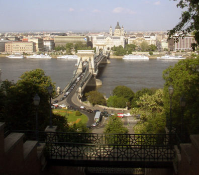 BUDAPEST: Shot from the furnicular railway tram that lifts passengers up Castle Hill. We walked across the Lanc hid (Chain Bridge) from Pest to Buda.