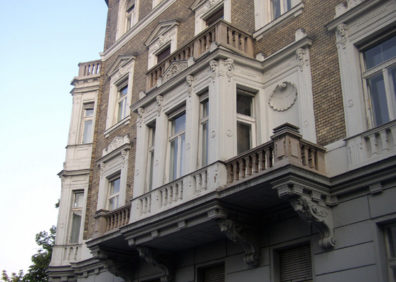 BUDAPEST: Typical ornate Budapest house facade, featuring human and lion heads.