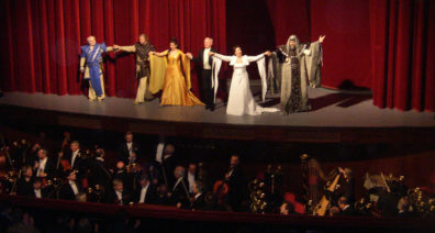 PRAGUE: The cast of Vanda taking a bow. Note the overwhelmingly male orchestra. In Vienna we had seen Don Giovanni conducted at the Volksoper by a woman, but gender equality hadn't penetrated here yet.