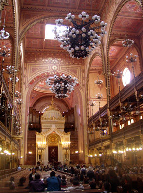 BUDAPEST: Interior of the synagogue. We were moved to read in the guestbook here, written in French: "Mother and Father--exiled. I came."