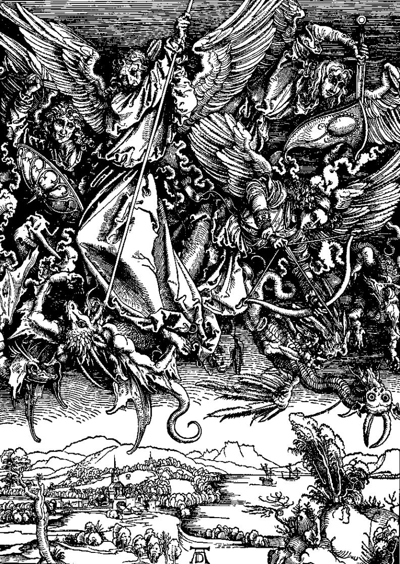 Engraving titled, Michael Defeats Satan by Albrecht Durer showing angels in the sky fighting what look like dragons over a small town on the shore. 