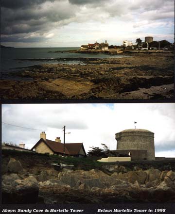 Sandy Cove with buildings and Martello Tower on a rocky coastline; Close-up of rooftop and stone tower