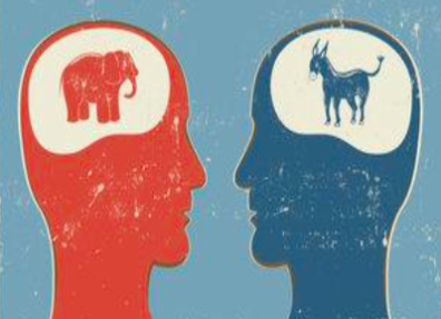 Illustration of person's head on left in red with elephant in brain (Republican) and person's head on right with donkey in brain (Democrat).