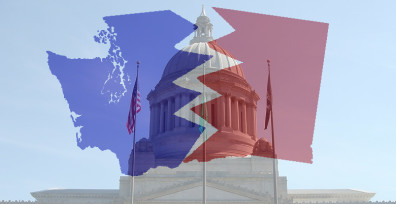 Capital building overlaid with state of Washington map ripped in half with west side in blue and right side in red.