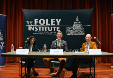 Dana El Kurd, Afishay Ben-Sasson-Gordis and Jacob Lewis at table during panel discussion. 