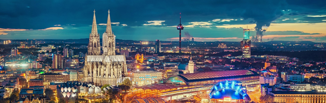The city of Cologne, featuring a view of Cologne Cathedral in the foreground.
