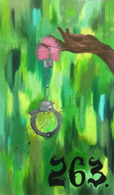 A painting of a hand holding a set of handcuffs, where one end is replaced with a pink object. The number 263 is displayed in the lower right.