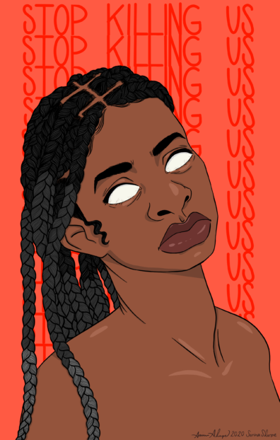 Digital painting of black transgender woman with red background and "Stop Killing Us" text.