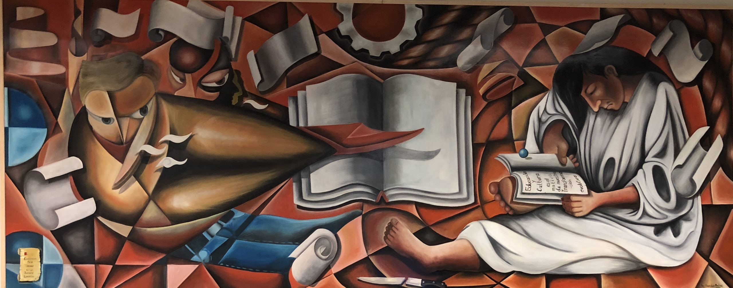 Abstract artwork of a person reading a book.