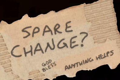 "Spare change?" written on animated sign.