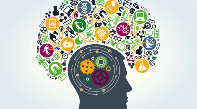 Illustration of a human head with gears and icons for many things.