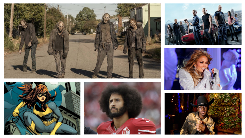 A collage of images featuring pop culture references such as 'The Walking Dead', Colin Kaepernick, and others.