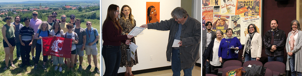 Three photos: Karen Jennings with students of German in Austria during Study Abroad Summer 2022. Student receiving award from Professor Streamas during the Art for Social Change Competition Showcase in Spring 2022. SLCR faculty at French Film Festival in Fall 2021.