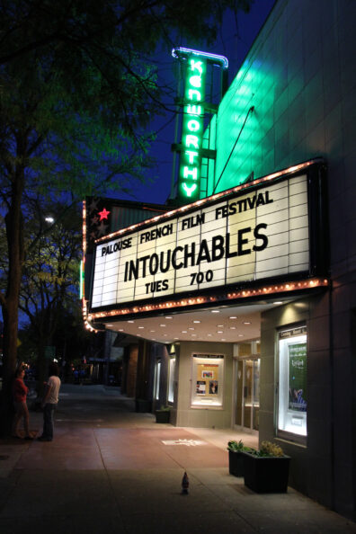 Façade of the Kenworthy in Moscow, Idaho. The billboard reads, "Palouse French Film Festival. Intouchables. Tues 7:00".