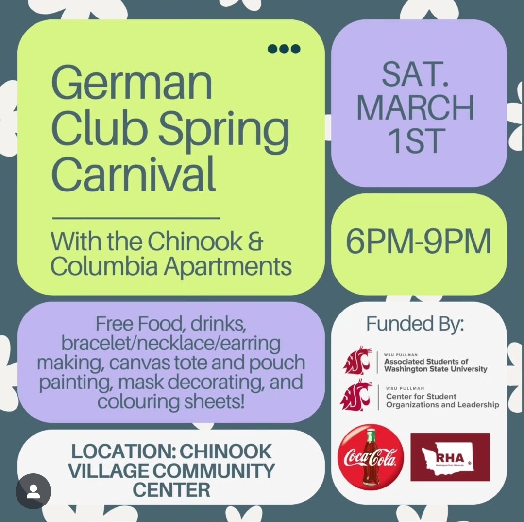 German club Spring carnival. Free food, drinks, jewelry making, canvas tote and pouch painting, mask decorating, and coloring sheets!