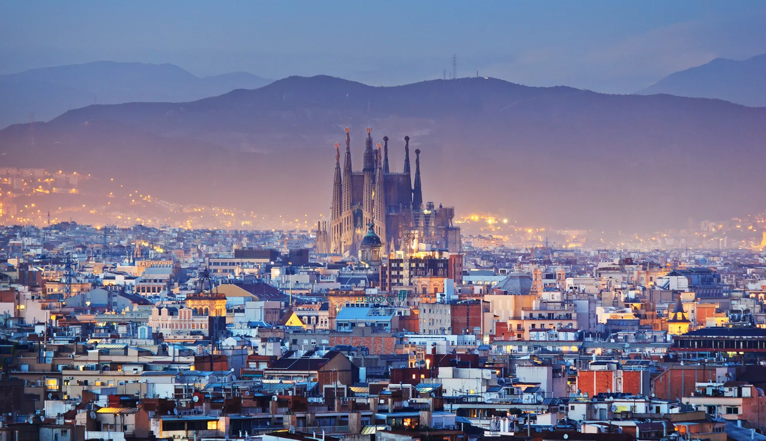 View of Barcelona, Spain, featuring the Basílica de la Sagrada Família.
