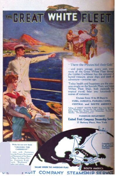 Illustrated magazine ad for The Great White Fleet with people picking bananas, people on a boat deck and a map of the Caribbean and South America.
