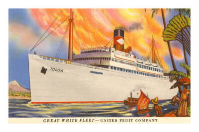 Illustration of cruise ship and islanders with title, Great White Fleet - United Fruit Company.