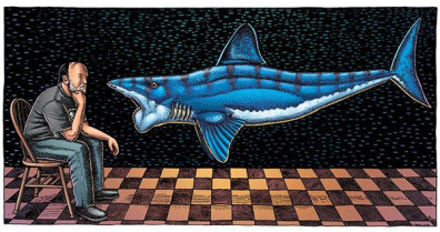 "A Man, a Shark, and Twenty Years, 2013". (Ray Troll, www.trollart.com)