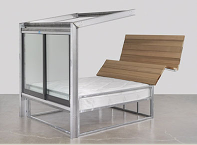 Oscar Tuazon's "California King," 2014 - Red cedar, galvanized steel, aluminum, steel, window, mattress; 97-3/5 × 79-9/10 × 136-3/5 in
