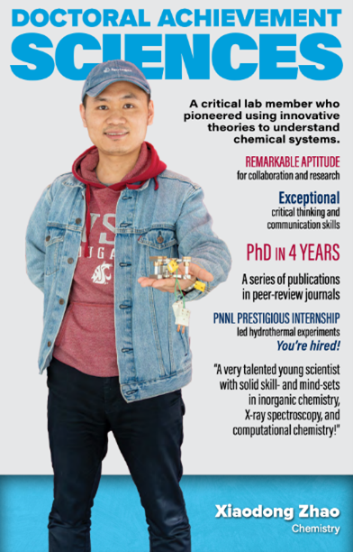 Poster featuring Xiaodong Zhao: Doctoral Achievement Sciences. Opens larger PDF image - text from PDF in previous section.  