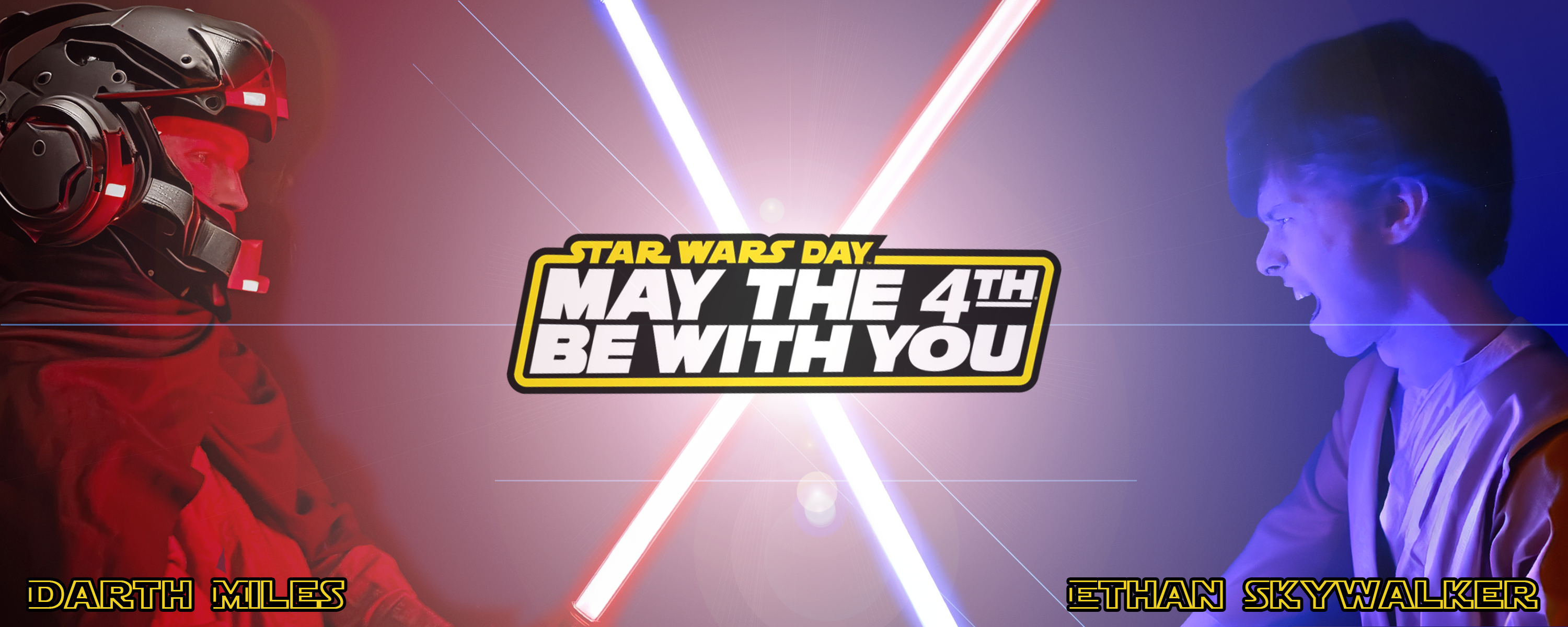 Star Wars Day: "May the 4th be with you" promotional image featuring Darth Miles and Ethan Skywalker in costume.