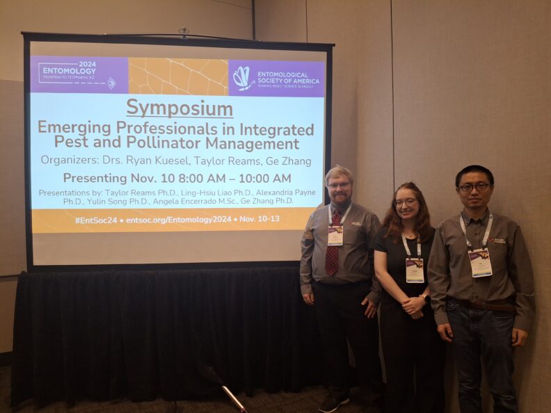 Left to right: Drs. Ryan Kuesel, Taylor Reams, and Ge Zhang running their own organized symposium about emerging professionals in integrated pest and pollinator management.