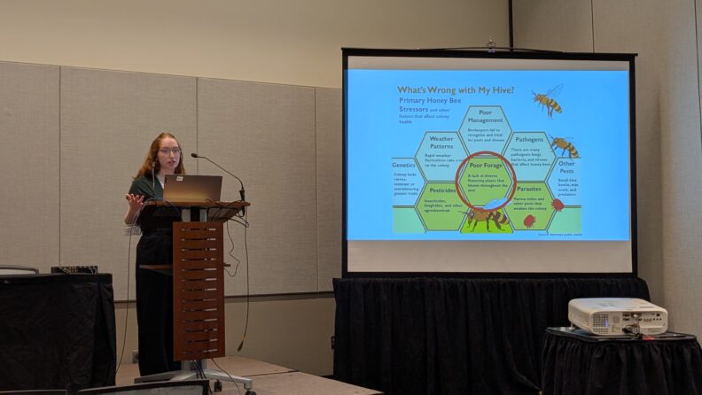 Taylor at podium speaking about research