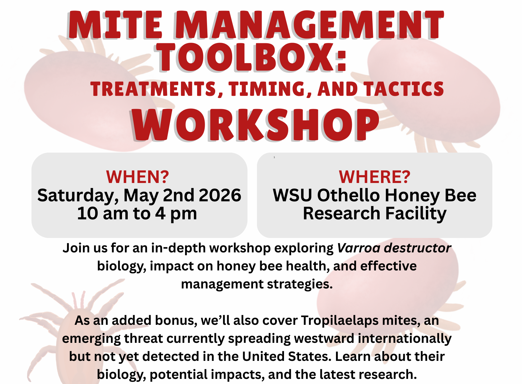 Mite management toolbox workshop advertisement