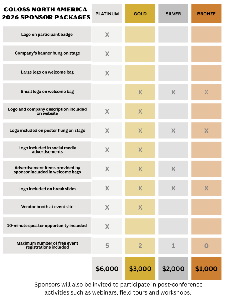 Chart that shows perks for each sponsor package at platinum, gold, silver, or bronze levels