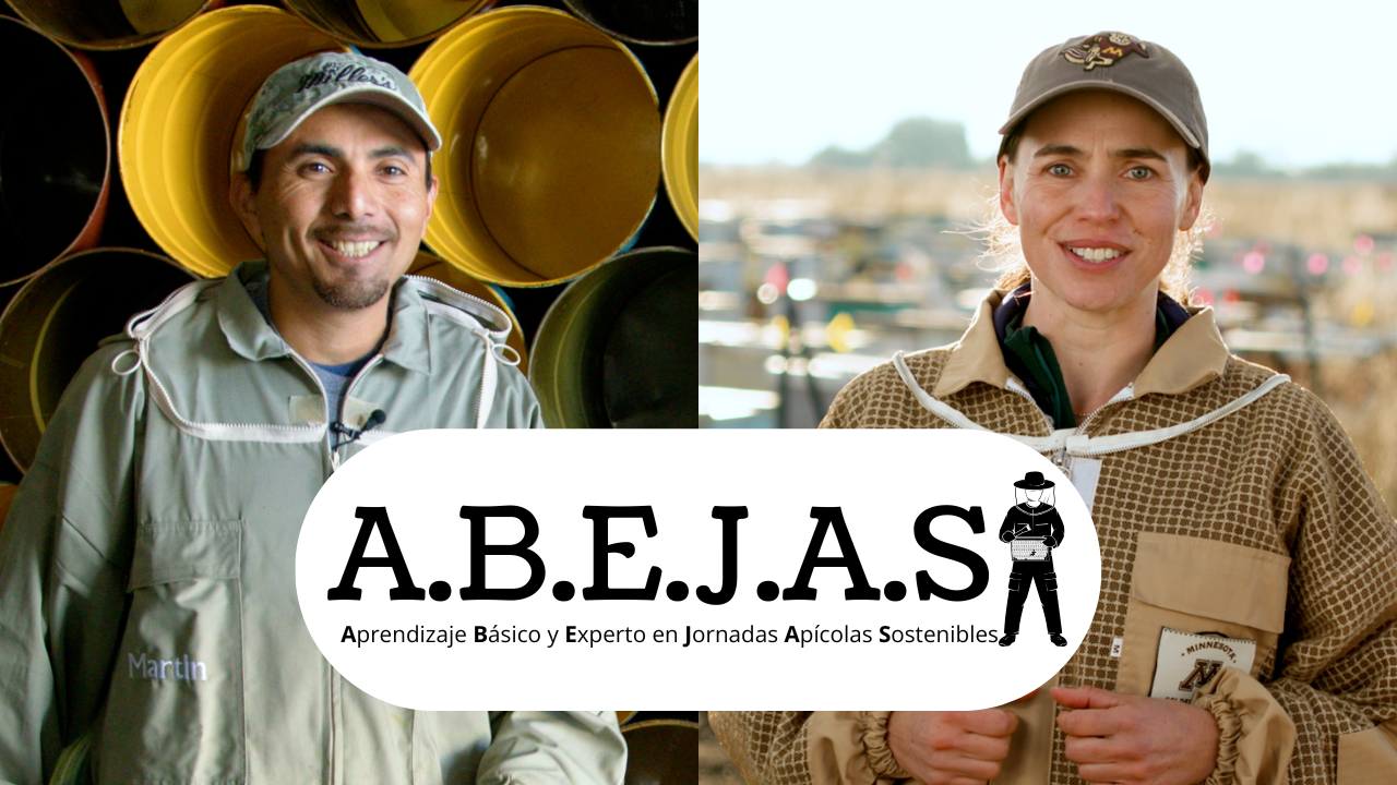 Two beekeepers smiling at camera with ABEJAS logo at bottom of icon
