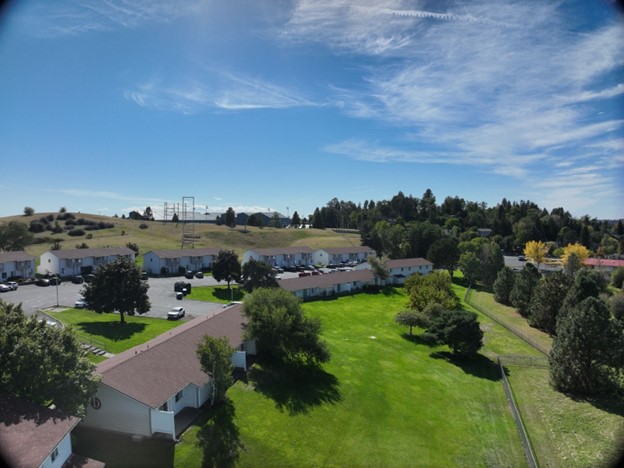 Overhead of grass plots and buildings.