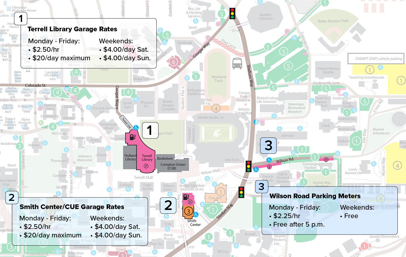 WSU Pullman campus parking map (PDF) from transportation services.