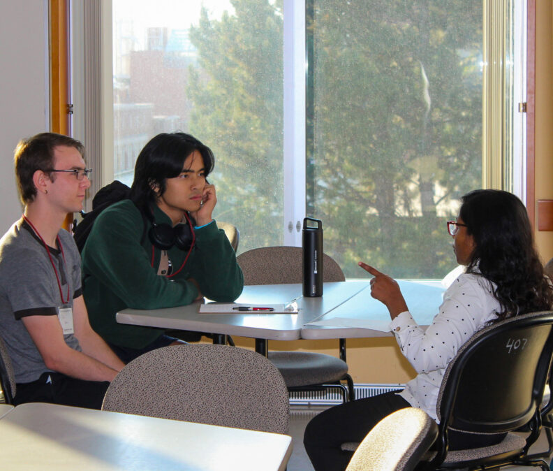 LSAMP students have a discussion with a faculty mentor at the Bridge Workshop.
