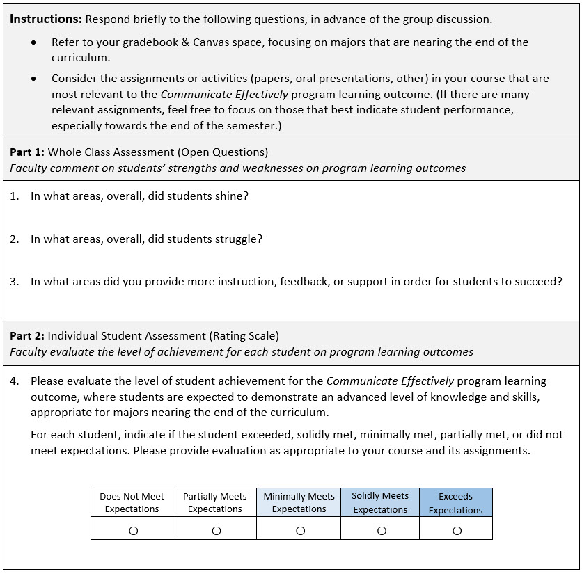 Partial view of the History Department course debrief tool for program assessment.