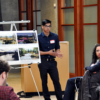 A landscape architecture student presents their design work to a general audience.