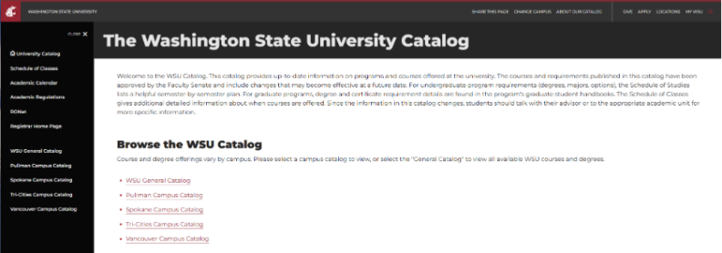 Screenshot of the menu options on the WSU catalog website.