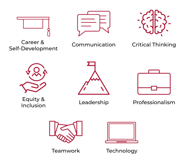 Career & Self-Development, Communication, Critical Thinking, Equity & Inclusion, Leadership, Professionalism, Teamwork, and Technology.