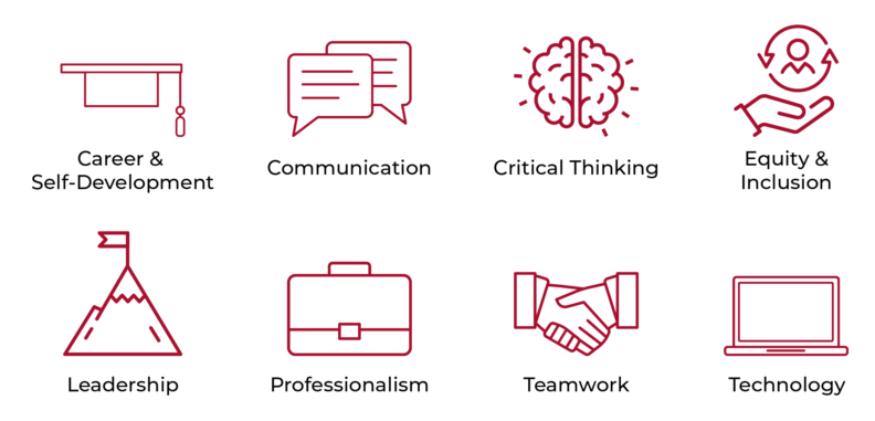 Career & Self-Development, Communication, Critical Thinking, Equity & Inclusion, Leadership, Professionalism, Teamwork, and Technology.