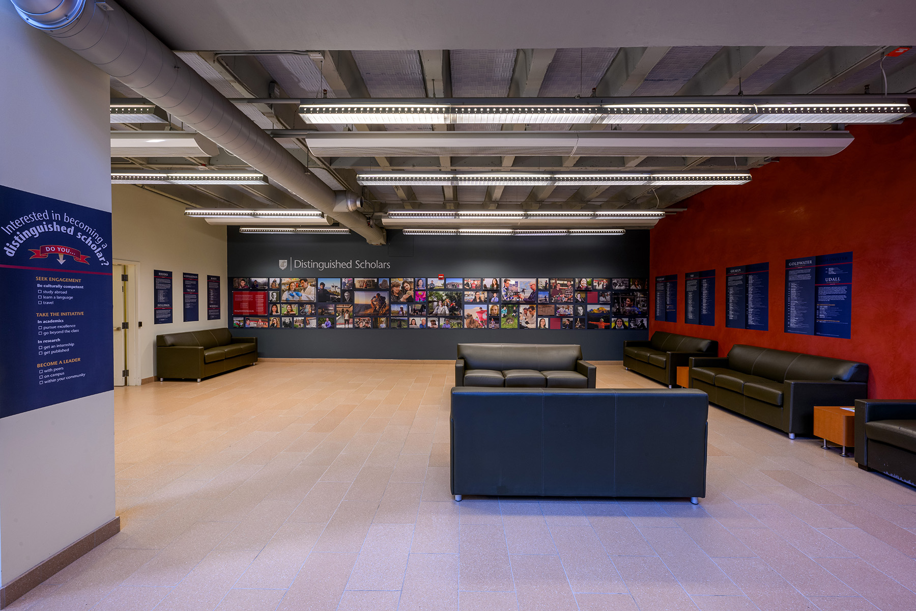 A view of the entire Distinguished Scholars Gallery as you enter the room in the Compton Union Building.