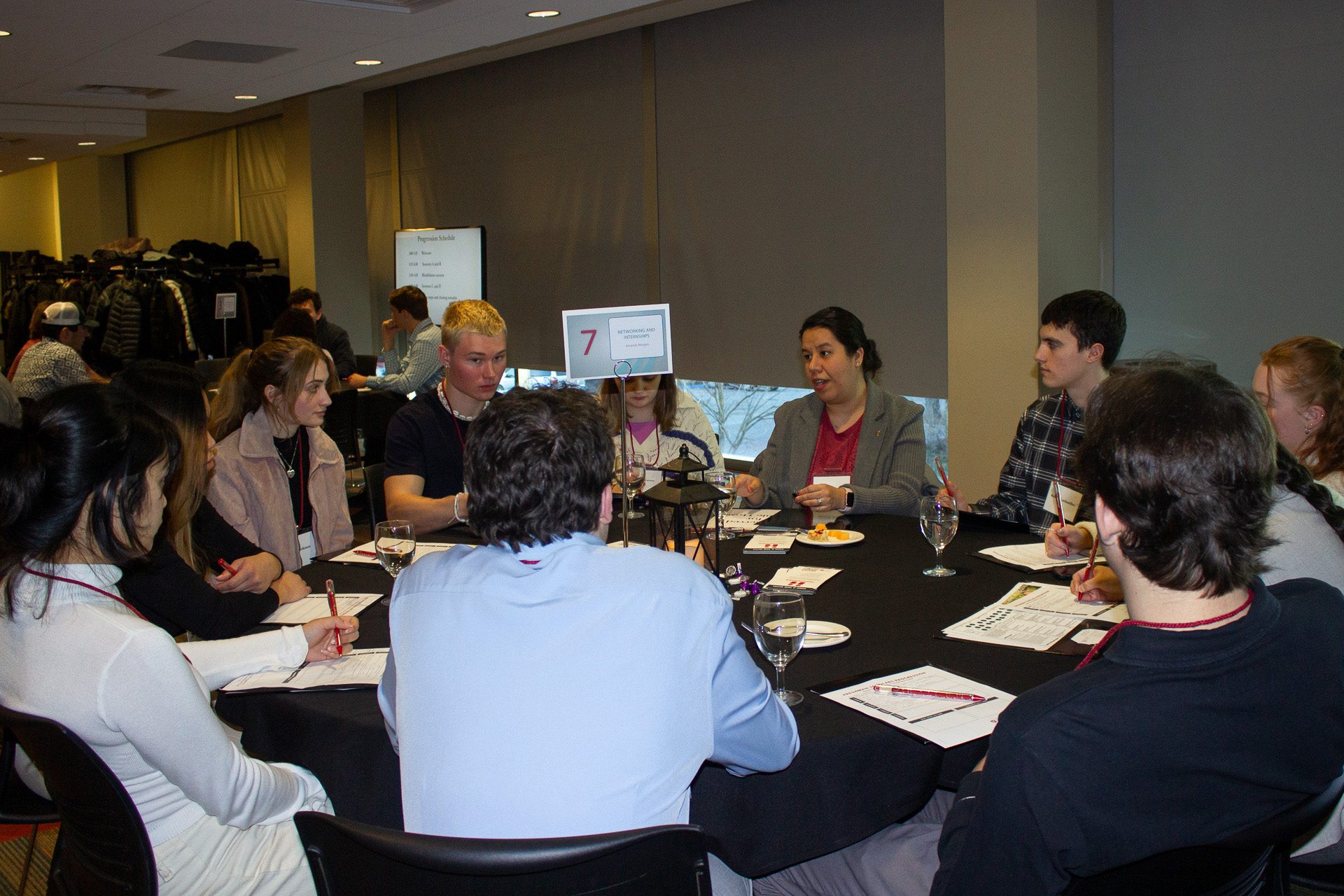 Amanda Morgan, Associate Director of the Academic Success & Career Center, leads a table discussion at the 2023 WSU Scholars Progression.