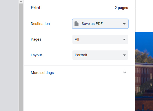 Screenshot of a web browser's print settings used to save one's attendance verification record as a PDF.