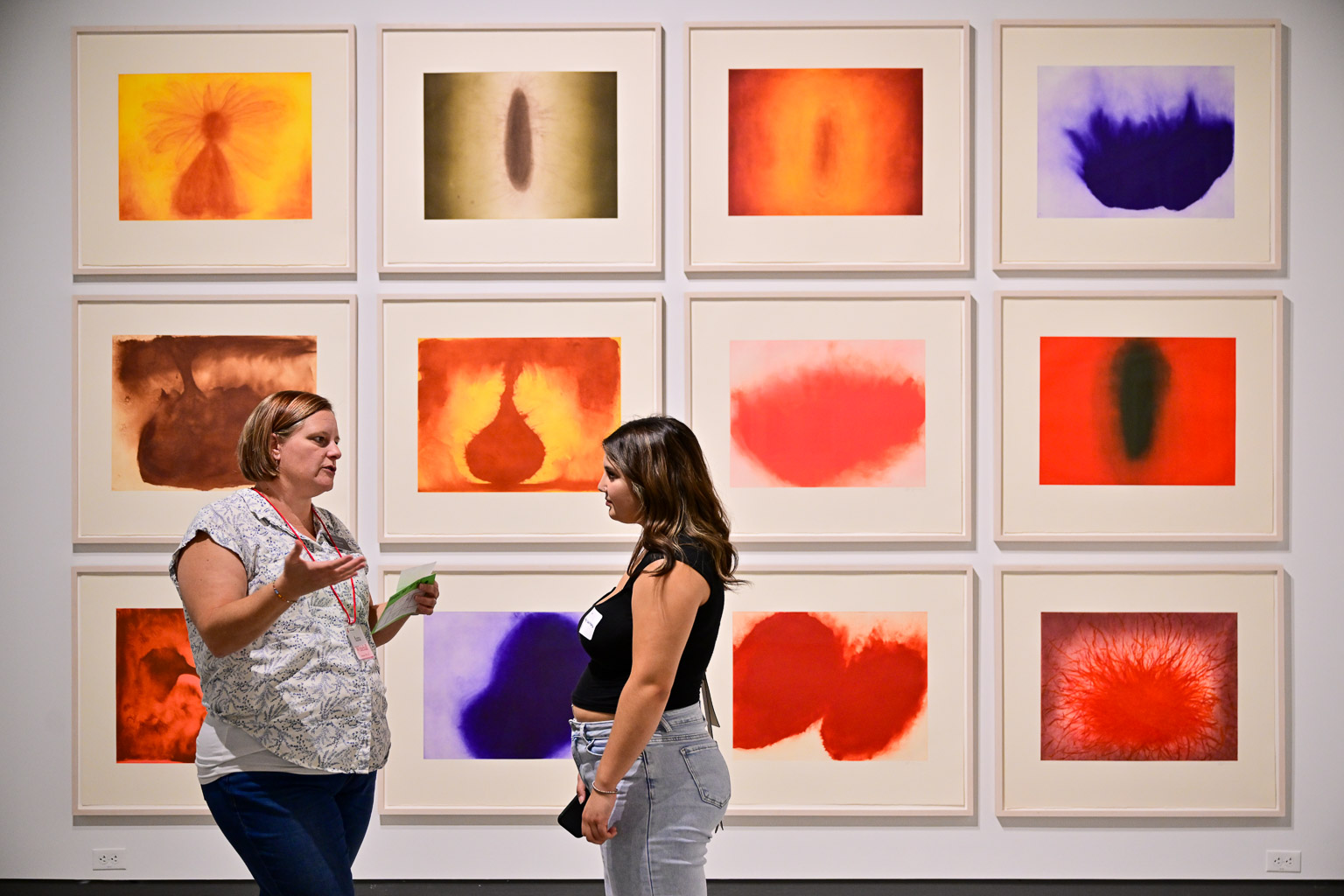 A student and professor have a conversation at the “Fall 2025 First-Year Programs Evening at the Museum” event. A grid of colorful paintings is seen behind them.