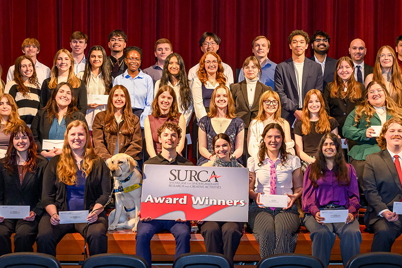 All SURCA 2026 award winners posing as a group at the 2026 Washington State University SURCA Awards Ceremony at the Compton Union Building Auditorium, Monday, March 23, 2026, in Pullman, Wash.