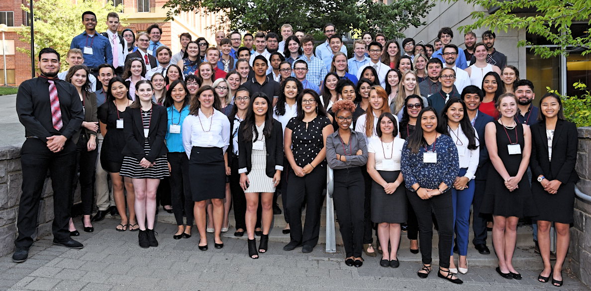 Student participants of the 2018 Summer Undergraduate Research Program stand together outside the CUE building.