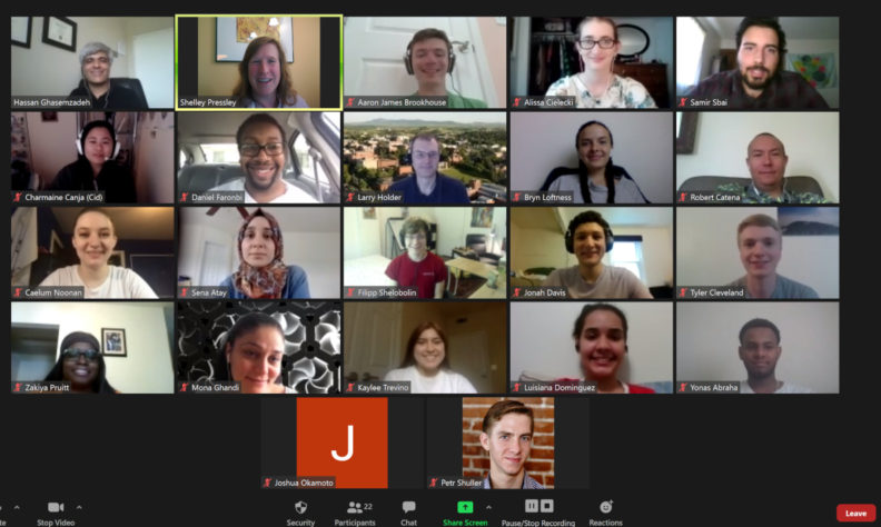 Screenshot of a Zoom meeting from the orientation event for summer 2020 REU students.