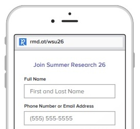 Image of a smartphone showing the web address for joining Summer Research 26 by going to rmd.at/wsu26