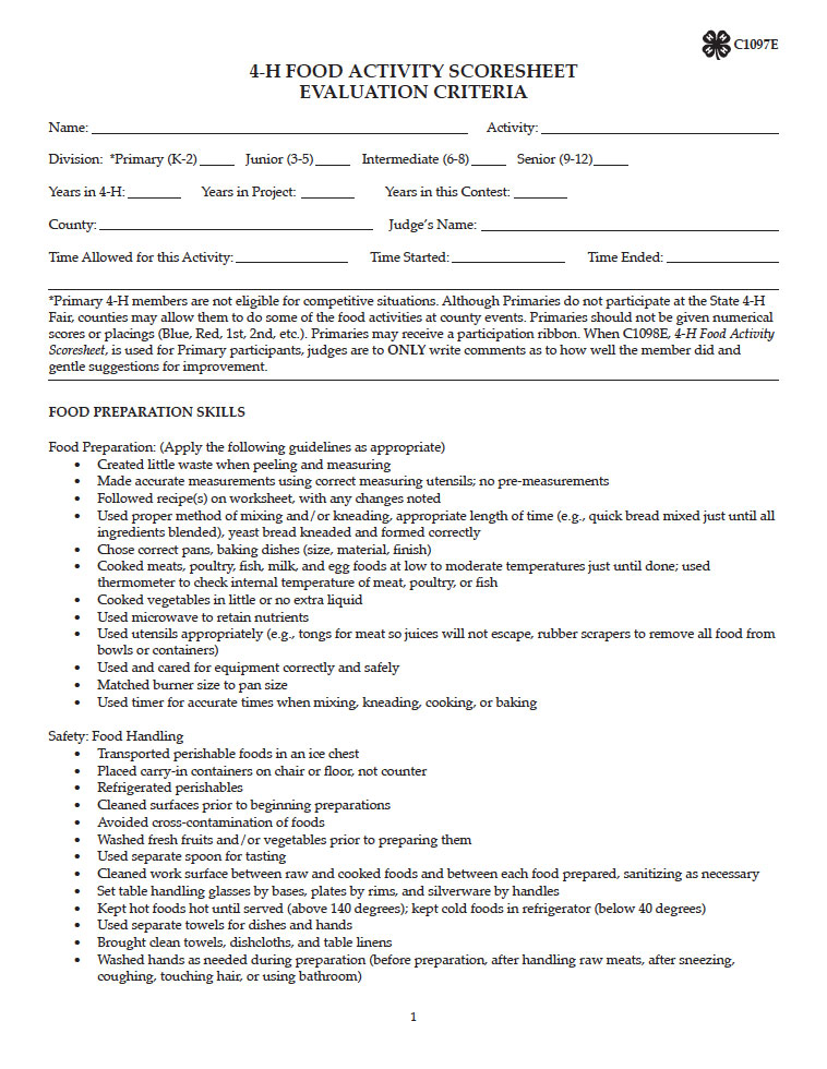 4-H Food Activity Scoresheet Evaluation Criteria