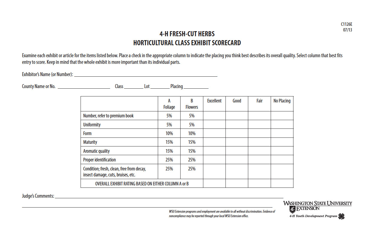 4-H Fresh-cut Herb Exhibit Scorecard (Horticultural Class)