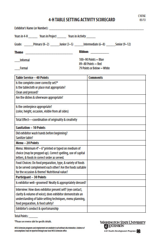 4-H Table Setting Activity Scorecard | WSU Extension